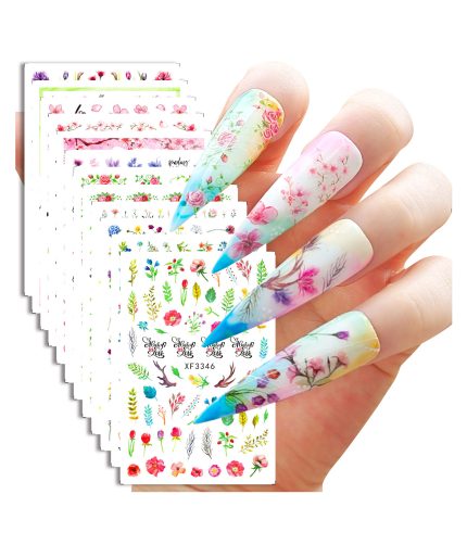 Sheets Beautiful Spring Summer Colorful Pink Blue Blossom Flowers Plants Adhesive Nail Art Stickers Decals Manicure Charms HH